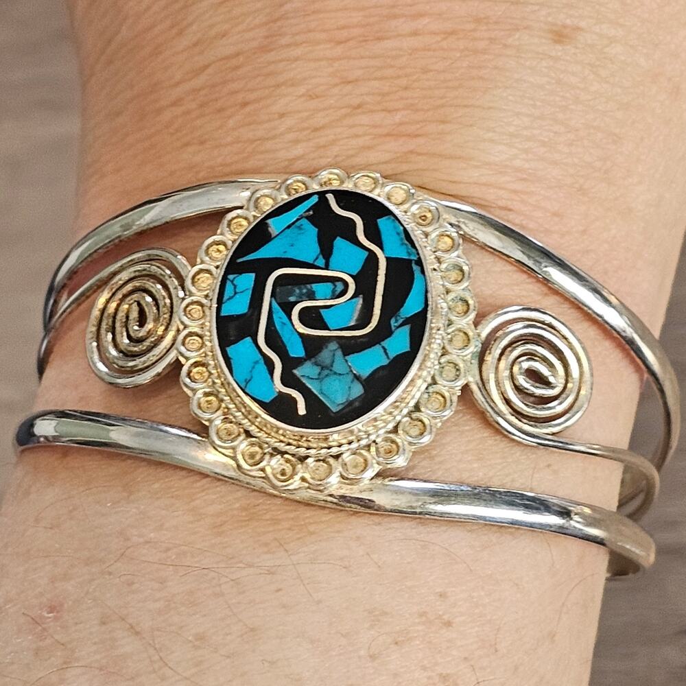 Vintage Alpaca Silver & Turquoise Inlay Swirling Cuff Bracelet from Mexico